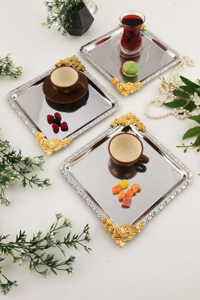 SOLE Gümüş Gold Çiçek Desenli Paslanmaz 3'lü Dekoratif Kare Sunumluk Tepsi