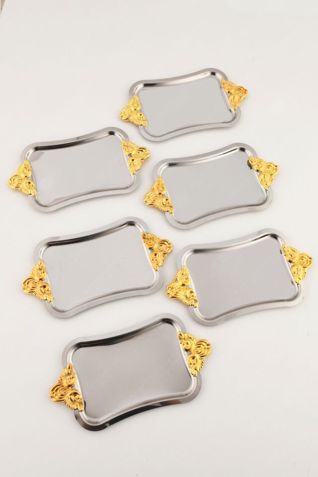 FILO Gümüş Renkli Gold Kulplu Paslanmaz 6'lı Dekoratif Dikdörtgen Sunum Tepsisi