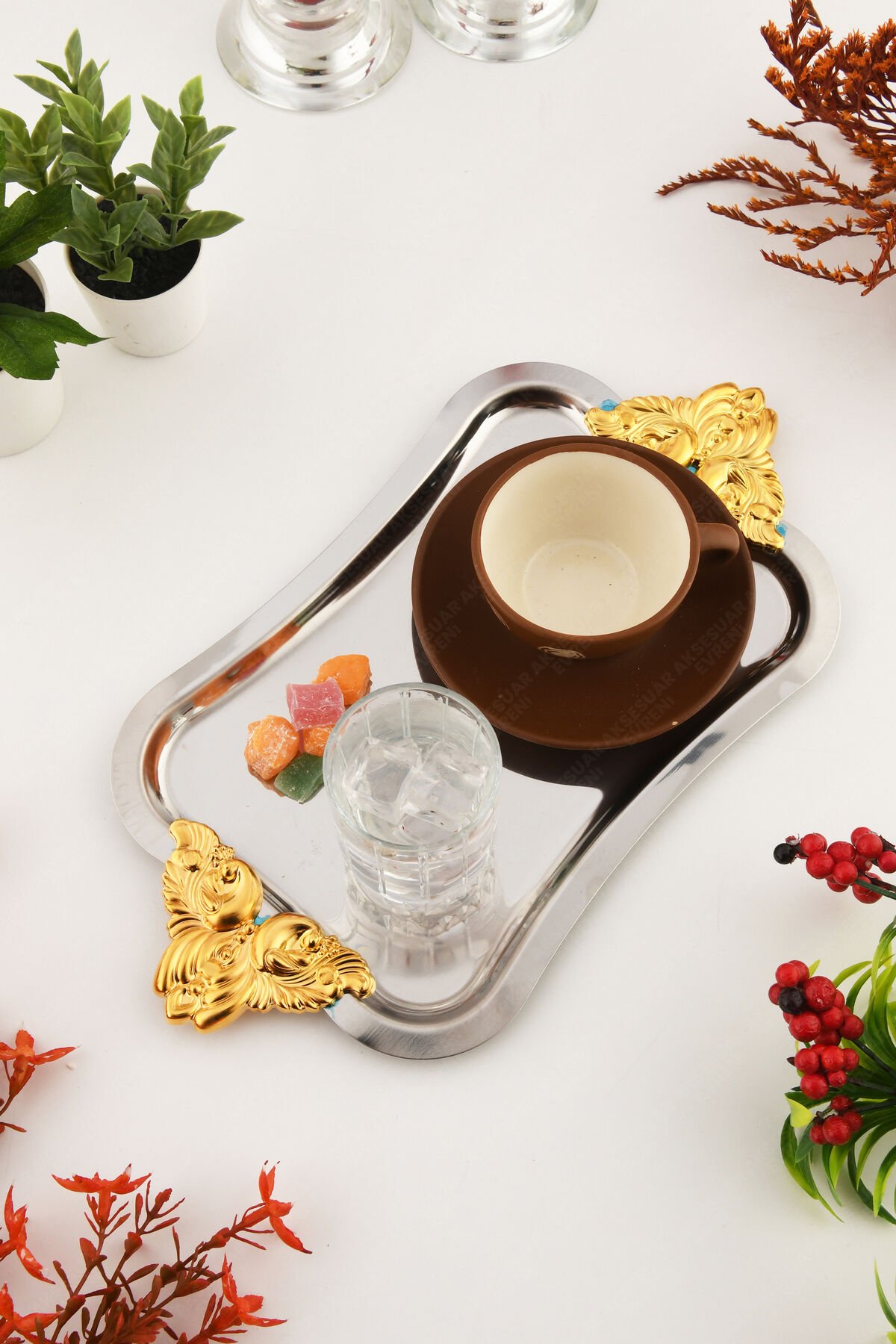 FILO Gümüş Renkli Gold Kulplu Paslanmaz Dekoratif Dikdörtgen Sunum Tepsisi