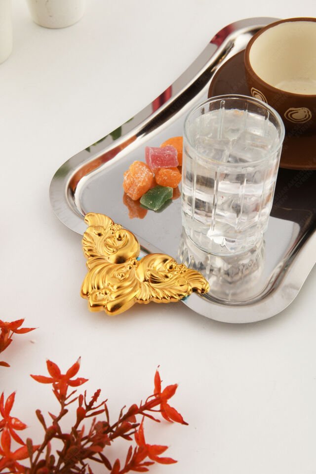 FILO Gümüş Renkli Gold Kulplu Paslanmaz Dekoratif Dikdörtgen Sunum Tepsisi