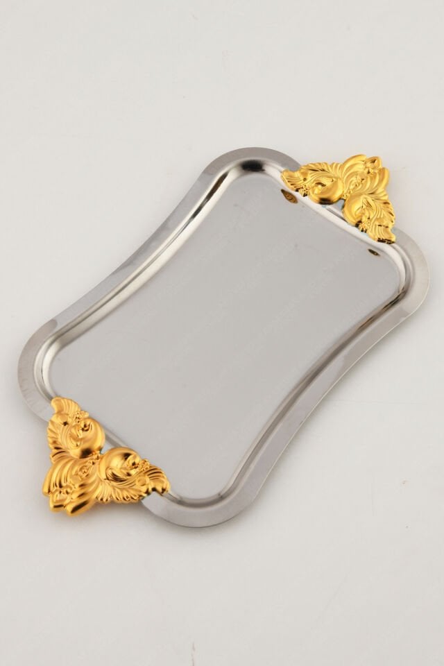FILO Gümüş Renkli Gold Kulplu Paslanmaz Dekoratif Dikdörtgen Sunum Tepsisi