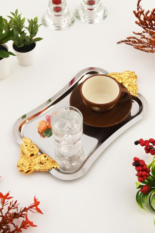 FILO Gümüş Renkli Gold Kulplu Paslanmaz Dekoratif Dikdörtgen Sunum Tepsisi