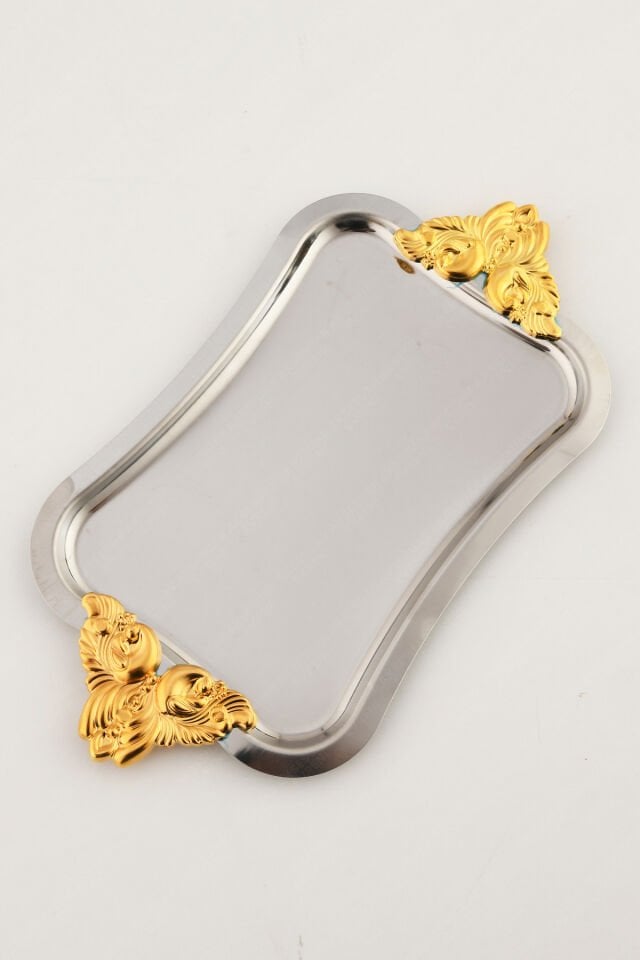 FILO Gümüş Renkli Gold Kulplu Paslanmaz Dekoratif Dikdörtgen Sunum Tepsisi