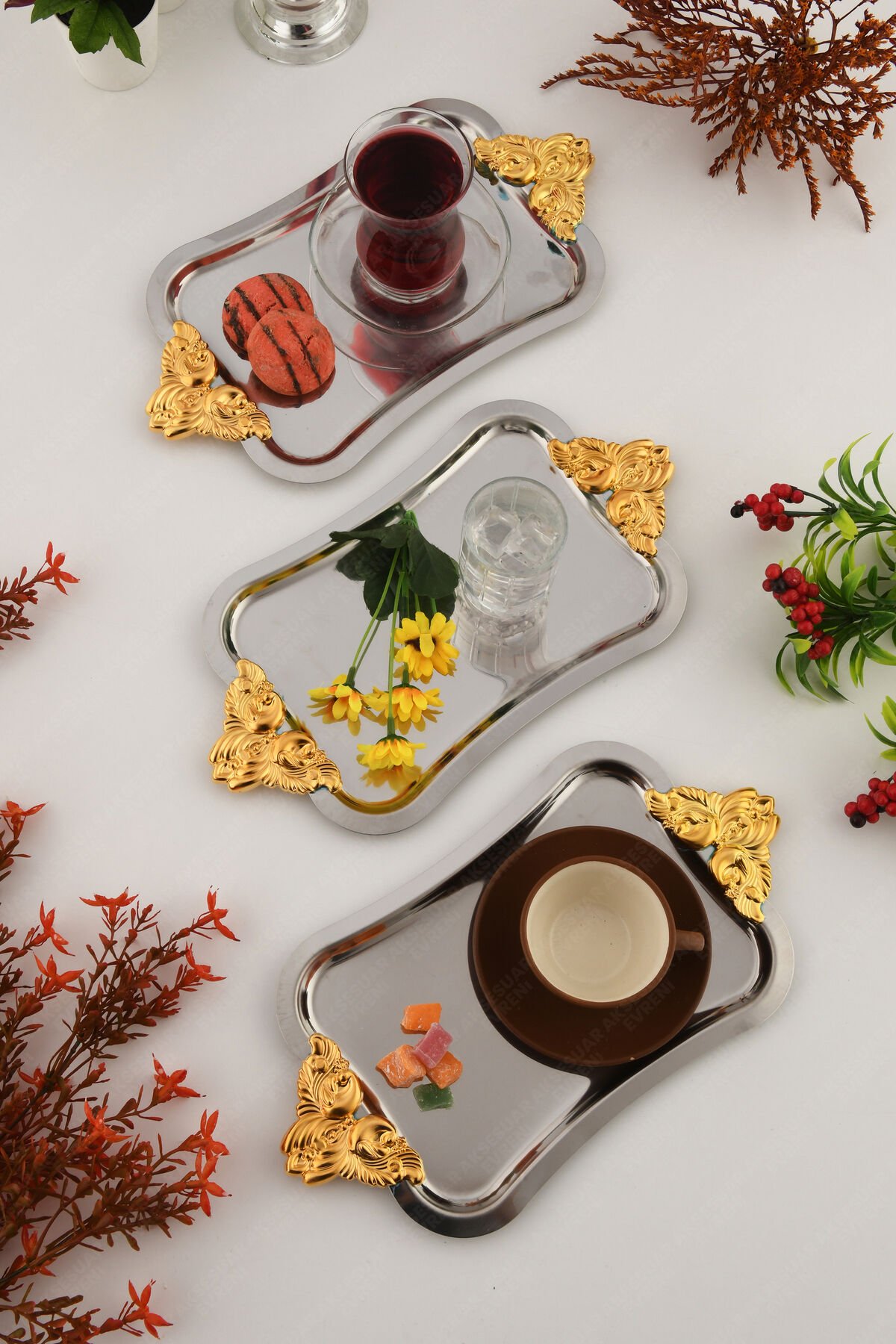 FILO Gümüş Renkli Gold Kulplu Paslanmaz 3'lü Dekoratif Dikdörtgen Sunum Tepsisi