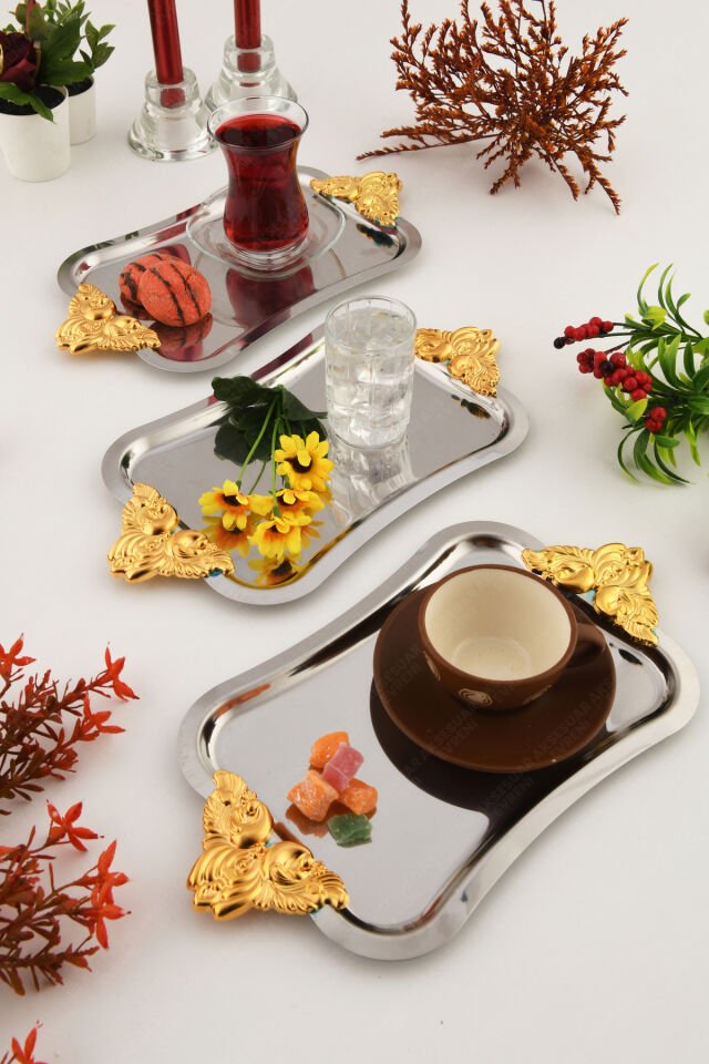 FILO Gümüş Renkli Gold Kulplu Paslanmaz 3'lü Dekoratif Dikdörtgen Sunum Tepsisi