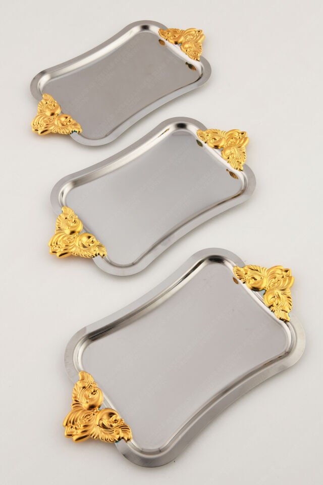 FILO Gümüş Renkli Gold Kulplu Paslanmaz 3'lü Dekoratif Dikdörtgen Sunum Tepsisi