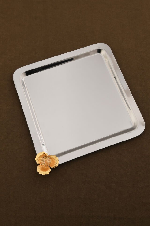 Marev gold taş detaylı 1 Adet sunum tepsisi gümüş