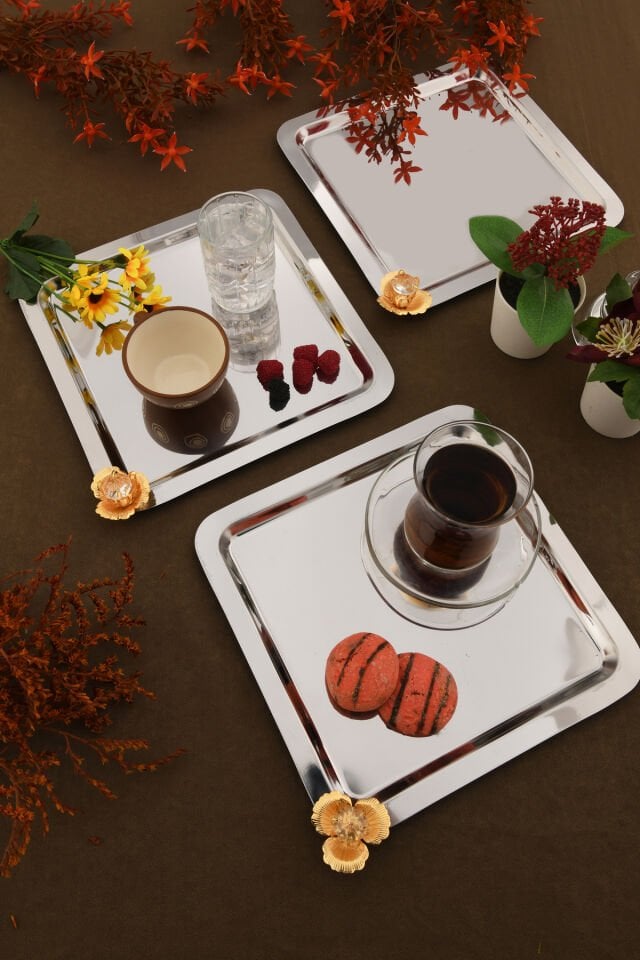 Marev gold taş detaylı 3 Adet sunum tepsisi gümüş