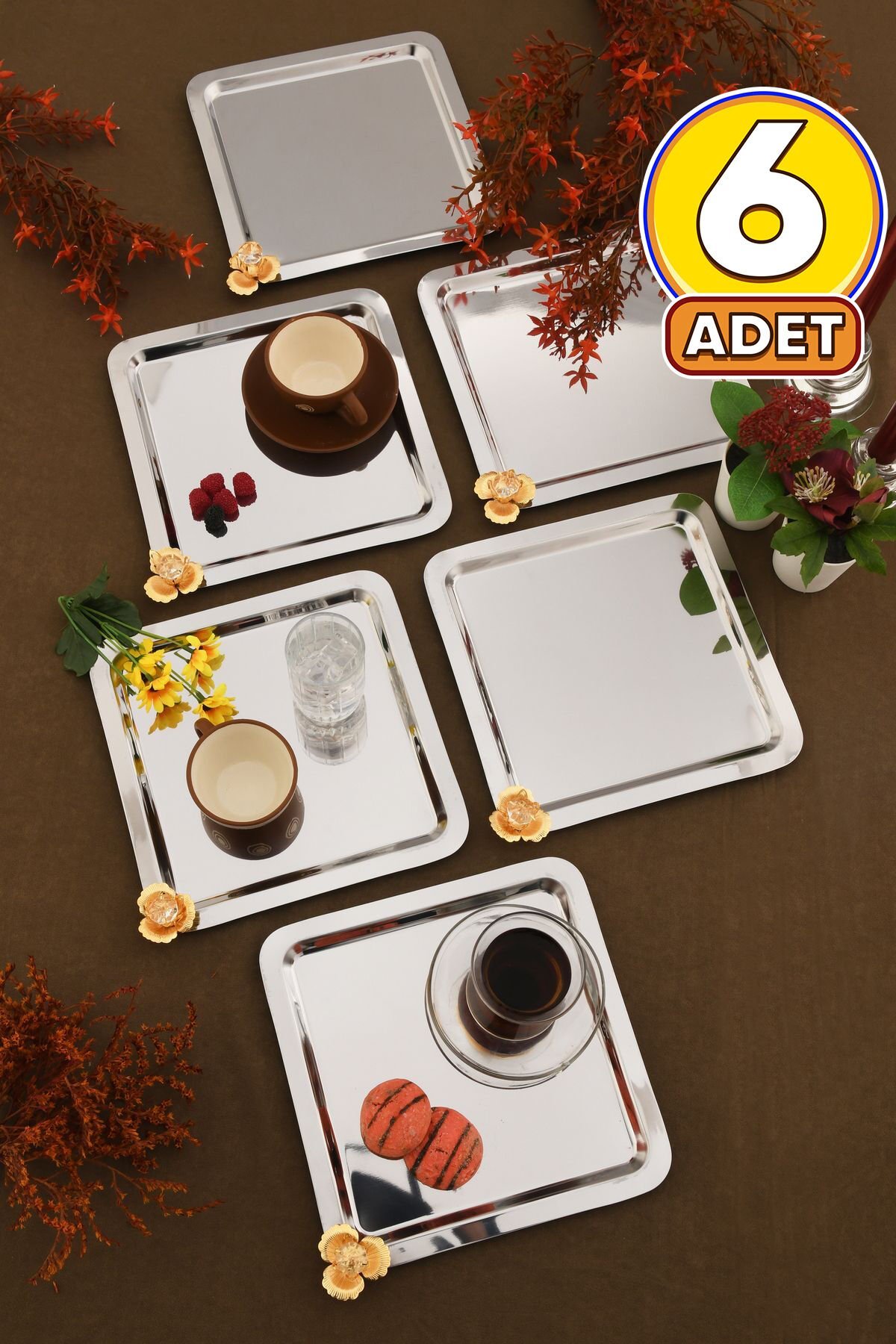 Marev gold taş detaylı 6'lı sunum tepsisi gümüş