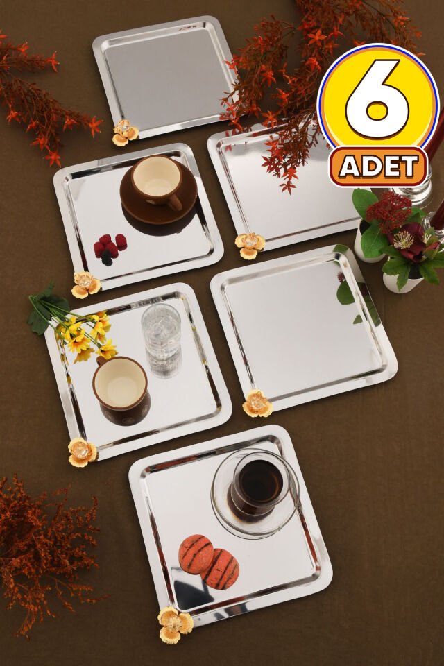 Marev gold taş detaylı 6'lı sunum tepsisi gümüş