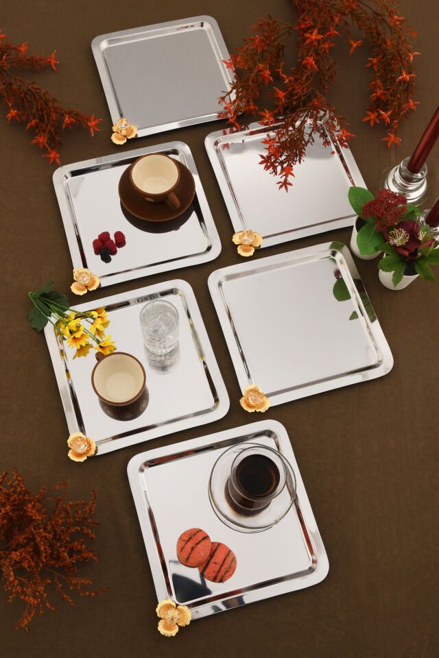 Marev gold taş detaylı 6'lı sunum tepsisi gümüş