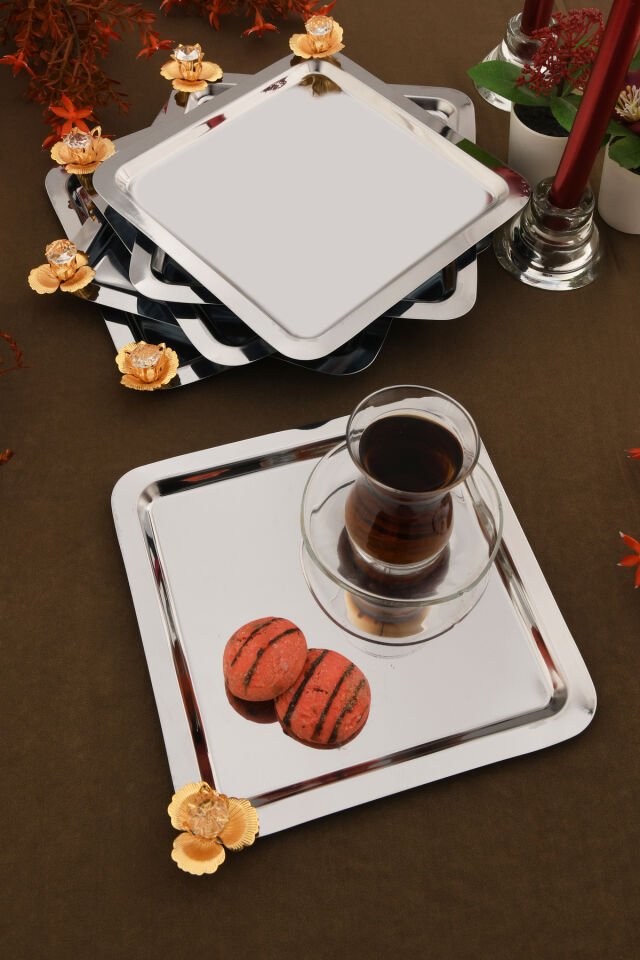 Marev gold taş detaylı 6'lı sunum tepsisi gümüş