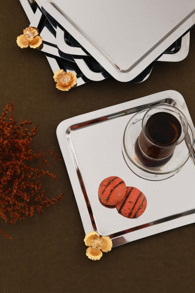 Marev gold taş detaylı 6'lı sunum tepsisi gümüş