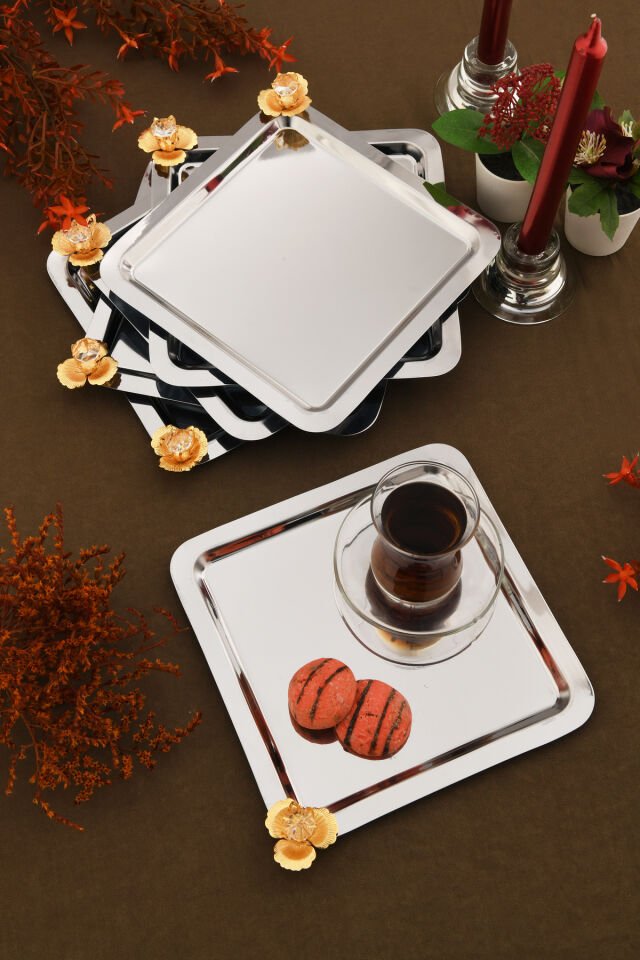 Marev gold taş detaylı 6'lı sunum tepsisi gümüş