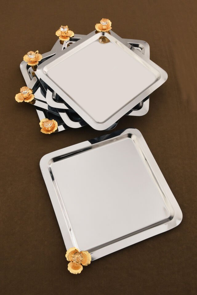 Marev gold taş detaylı 6'lı sunum tepsisi gümüş