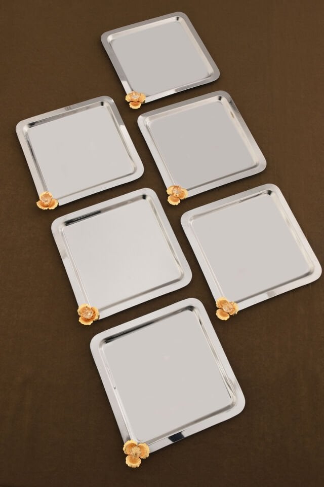 Marev gold taş detaylı 6'lı sunum tepsisi gümüş