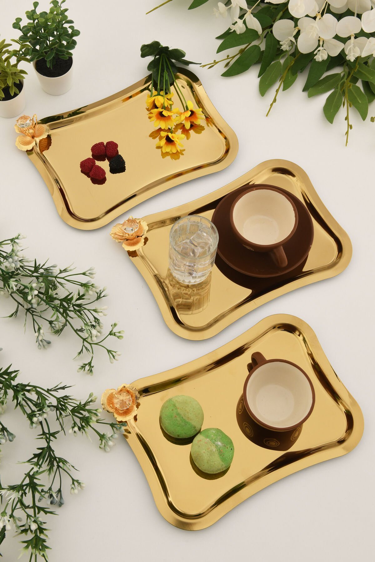 Naldo italyan model gold taş detaylı 3 Adet sunum tepsisi gold