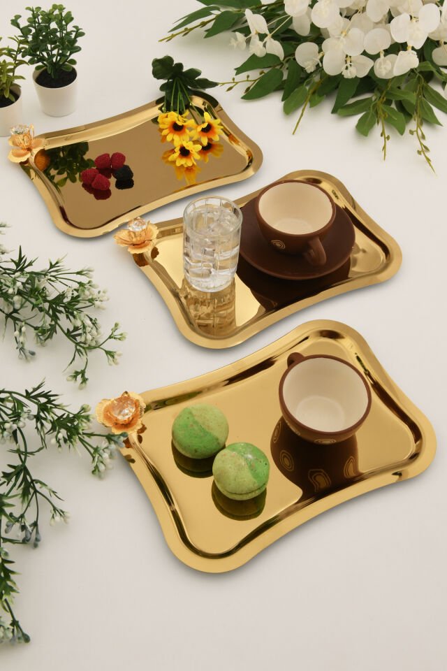 Naldo italyan model gold taş detaylı 3 Adet sunum tepsisi gold