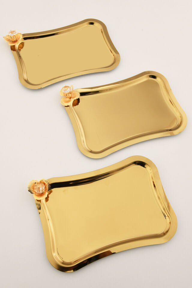 Naldo italyan model gold taş detaylı 3 Adet sunum tepsisi gold