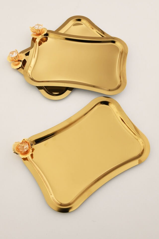 Naldo italyan model gold taş detaylı 3 Adet sunum tepsisi gold