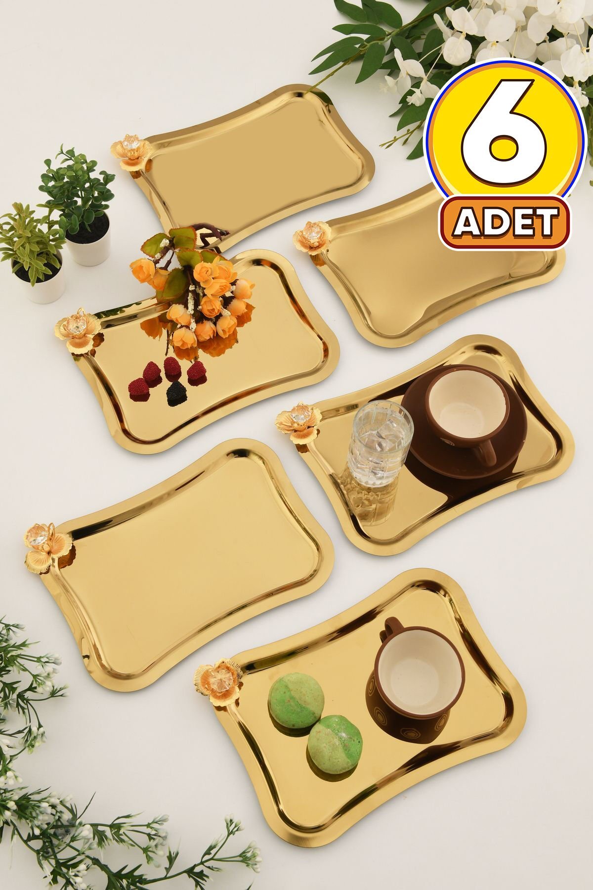 Naldo italyan model gold taş detaylı 6'lı sunum tepsisi gold