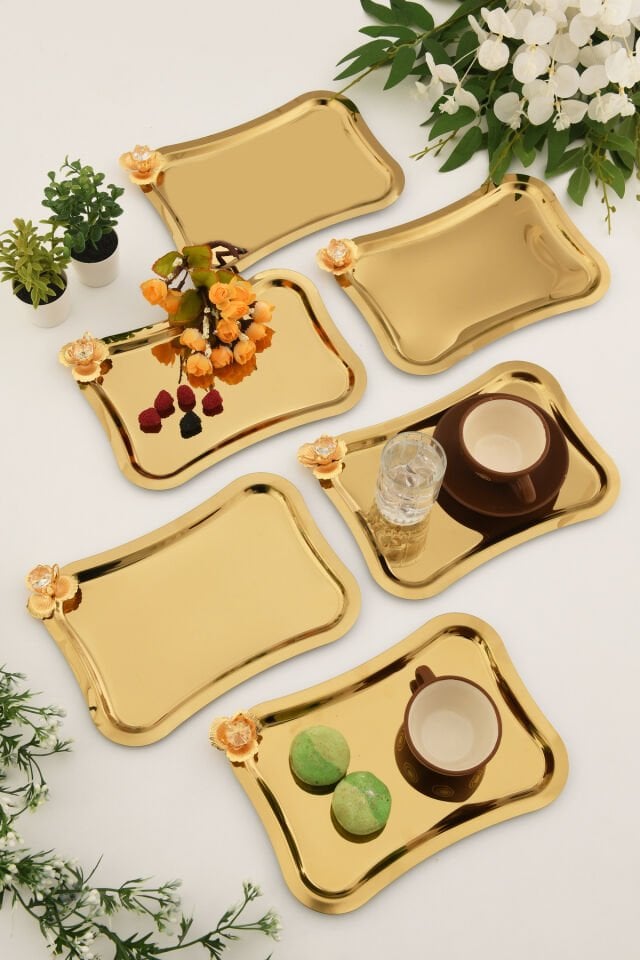 Naldo italyan model gold taş detaylı 6'lı sunum tepsisi gold