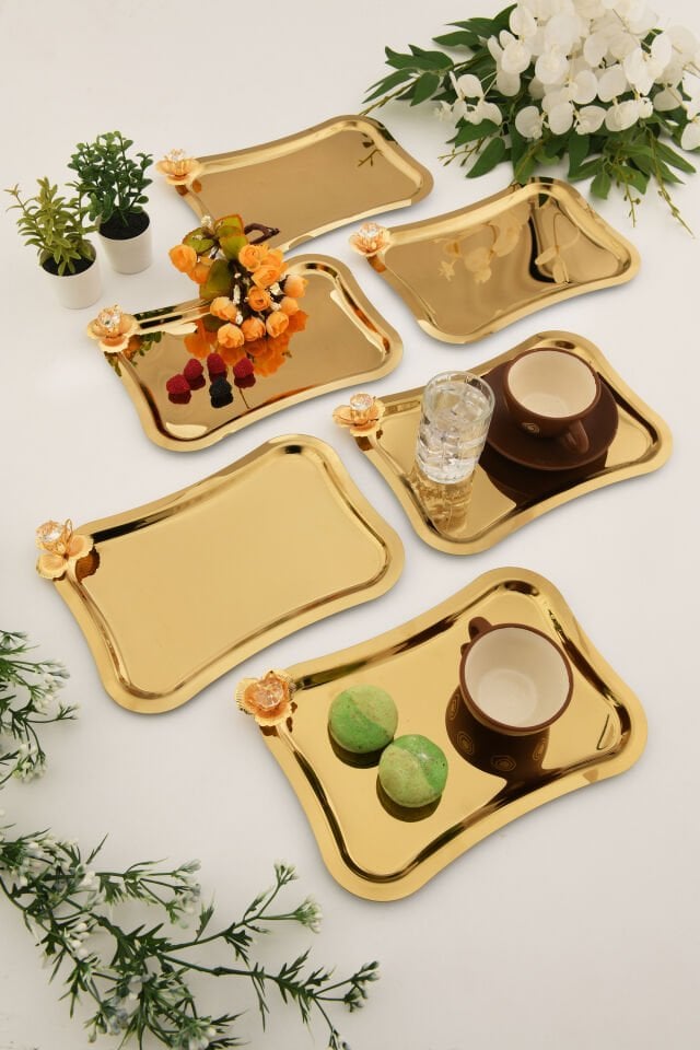 Naldo italyan model gold taş detaylı 6'lı sunum tepsisi gold