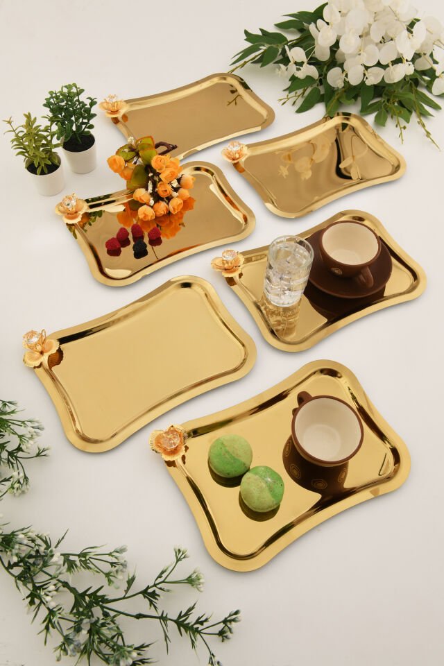 Naldo italyan model gold taş detaylı 6'lı sunum tepsisi gold