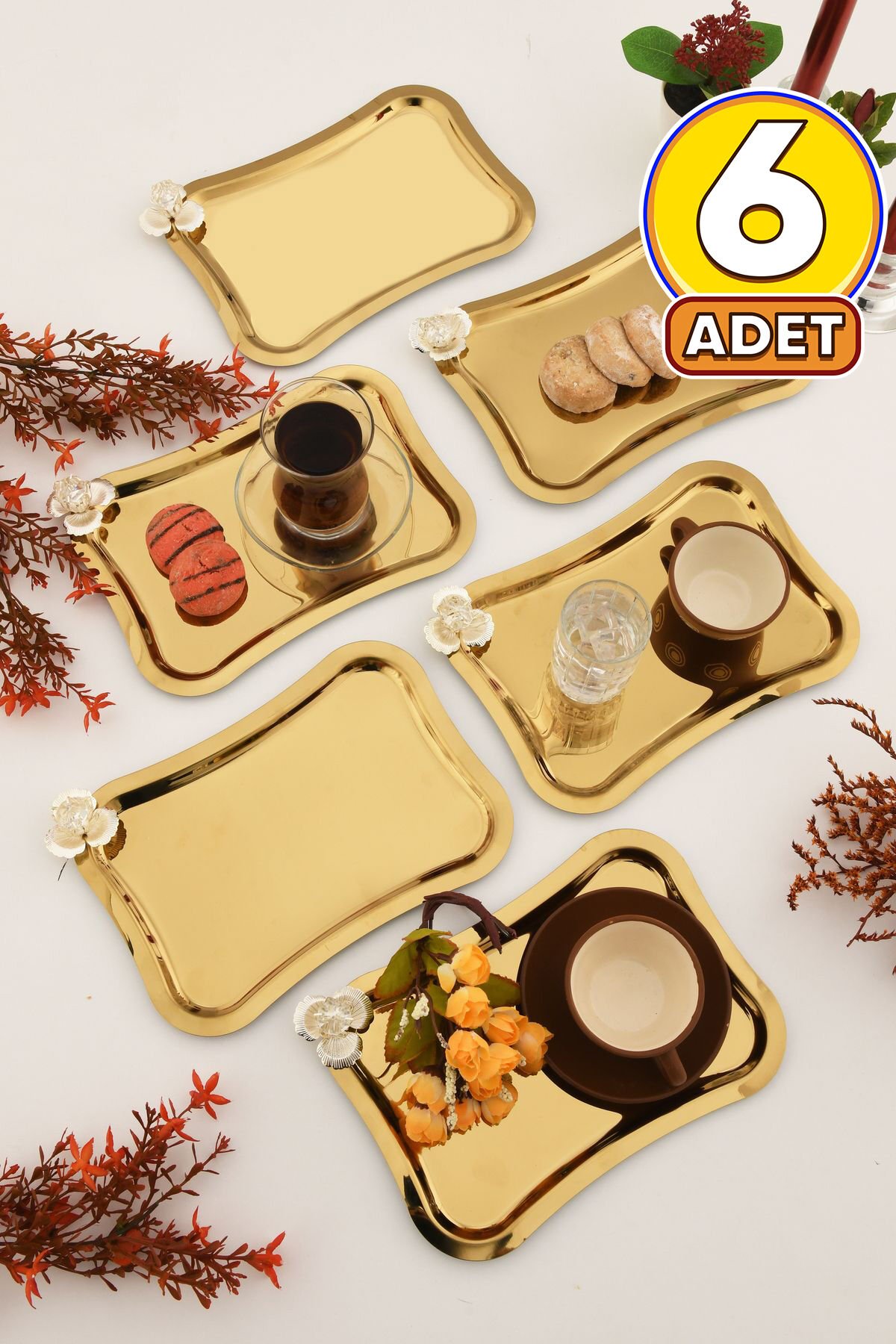 Naldo italyan model gümüş taş detaylı 6'lı sunum tepsisi gold