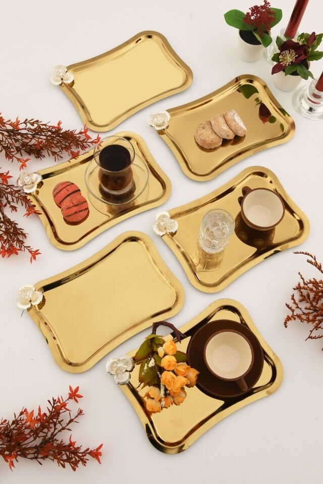 Naldo italyan model gümüş taş detaylı 6'lı sunum tepsisi gold