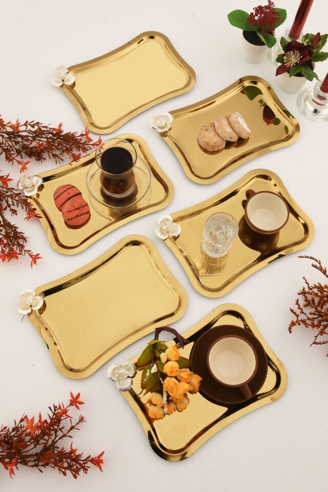 Naldo italyan model gümüş taş detaylı 6'lı sunum tepsisi gold