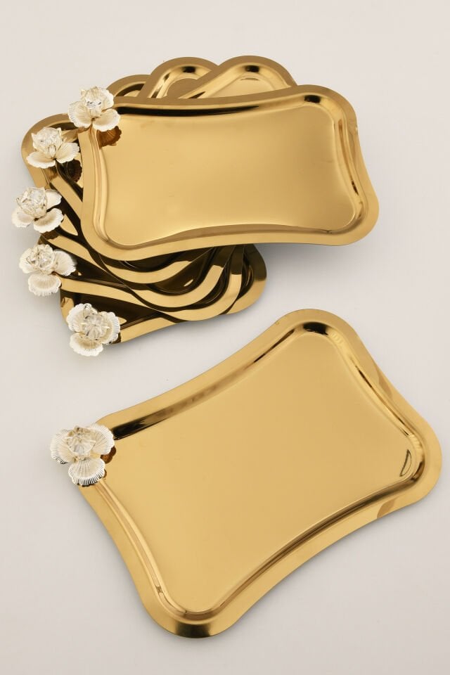 Naldo italyan model gümüş taş detaylı 6'lı sunum tepsisi gold