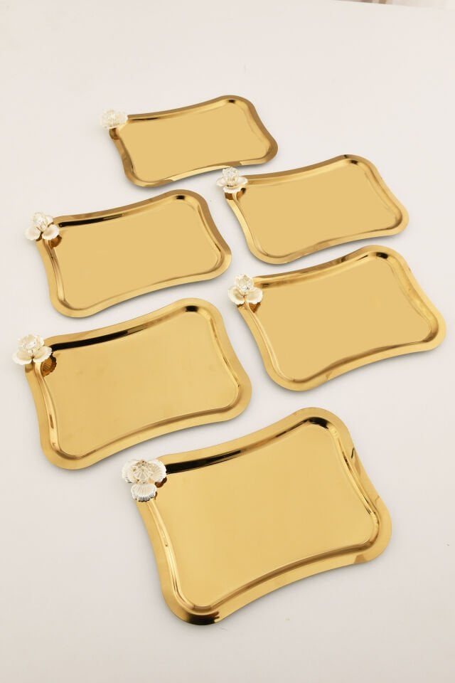 Naldo italyan model gümüş taş detaylı 6'lı sunum tepsisi gold