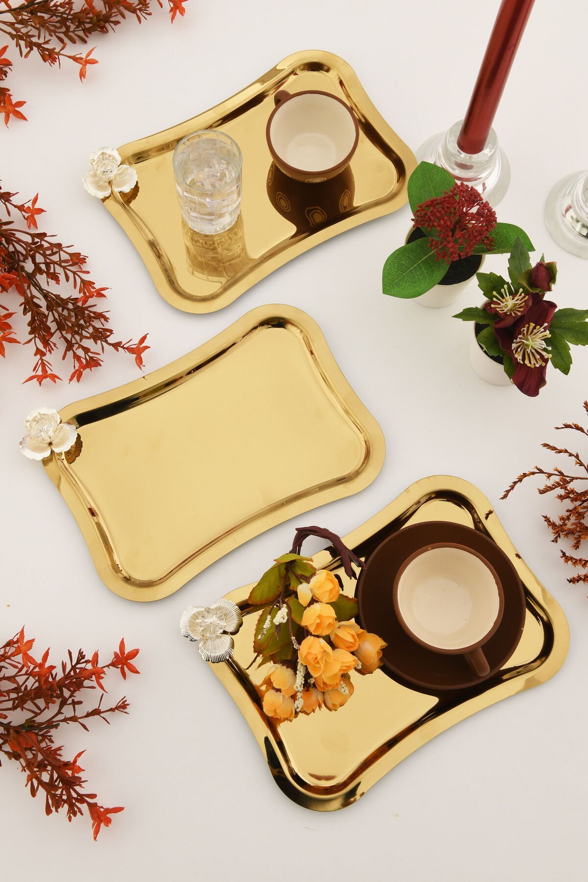 Naldo italyan model gümüş taş detaylı 3 Adet sunum tepsisi gold