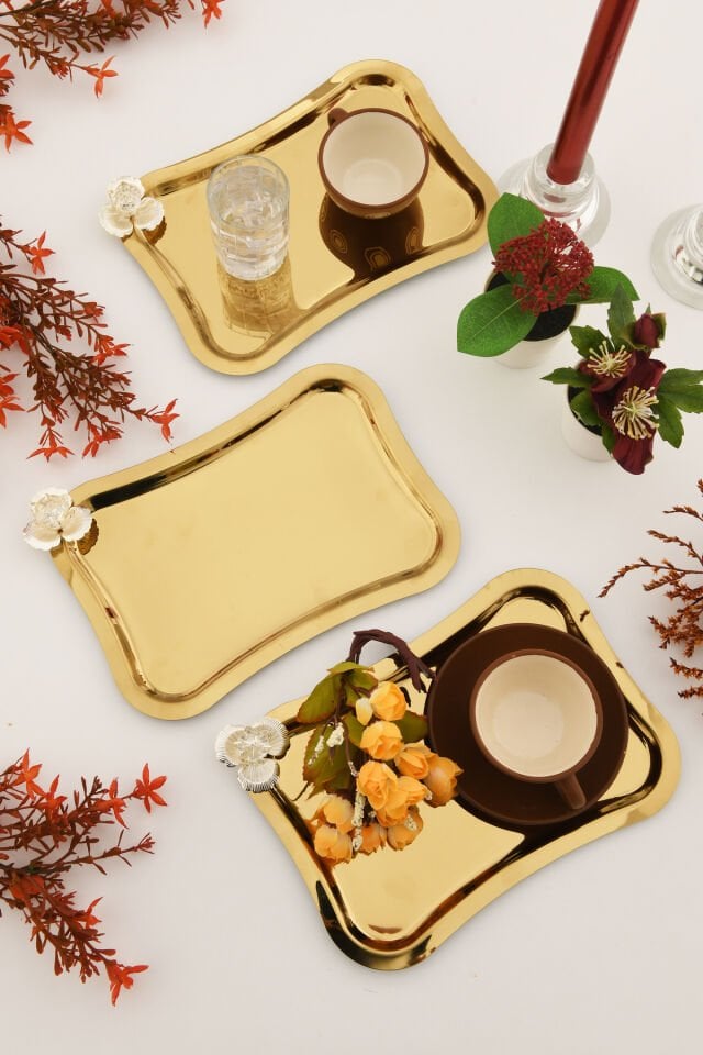 Naldo italyan model gümüş taş detaylı 3 Adet sunum tepsisi gold