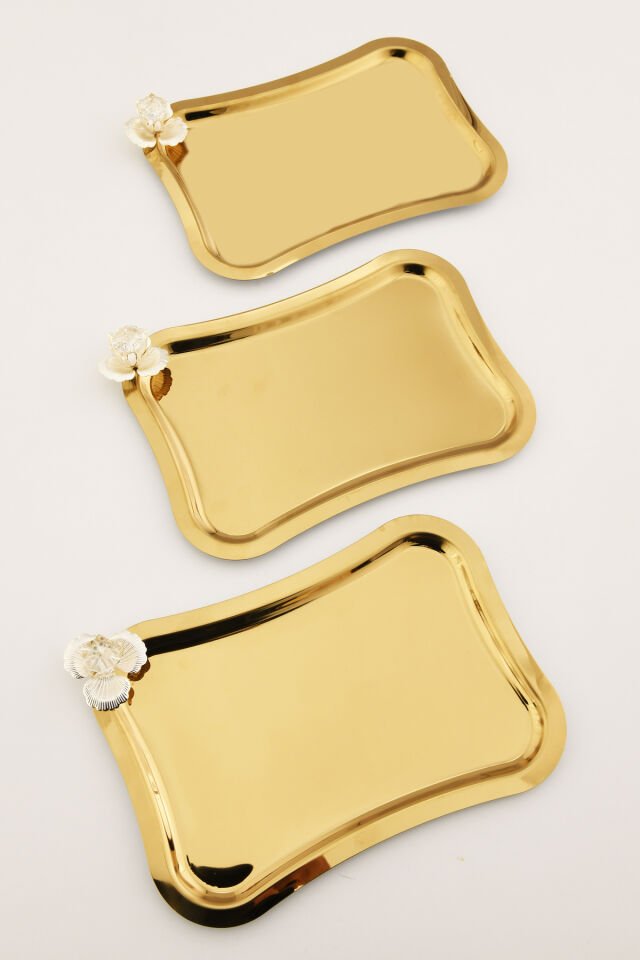 Naldo italyan model gümüş taş detaylı 3 Adet sunum tepsisi gold