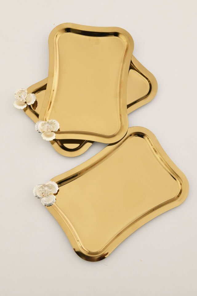 Naldo italyan model gümüş taş detaylı 3 Adet sunum tepsisi gold