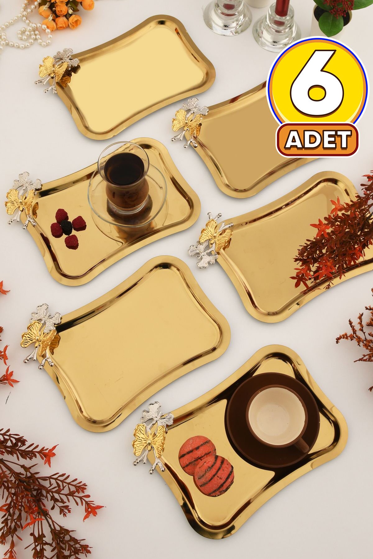 Naldo italyan model kelebek detaylı 6'lı sunum tepsisi gold