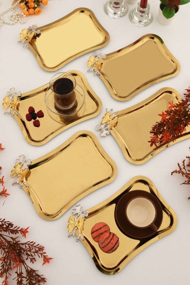 Naldo italyan model kelebek detaylı 6'lı sunum tepsisi gold