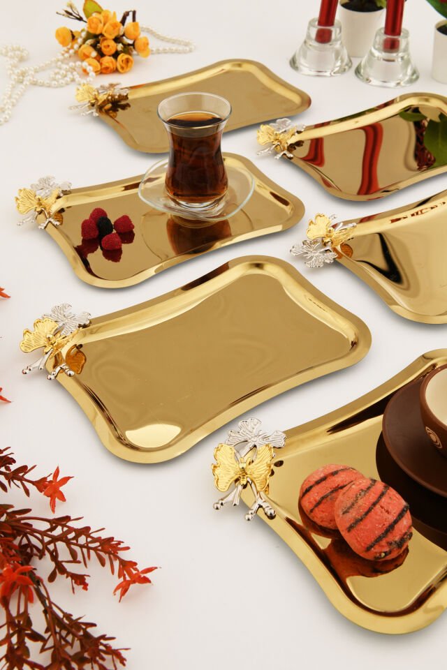 Naldo italyan model kelebek detaylı 6'lı sunum tepsisi gold