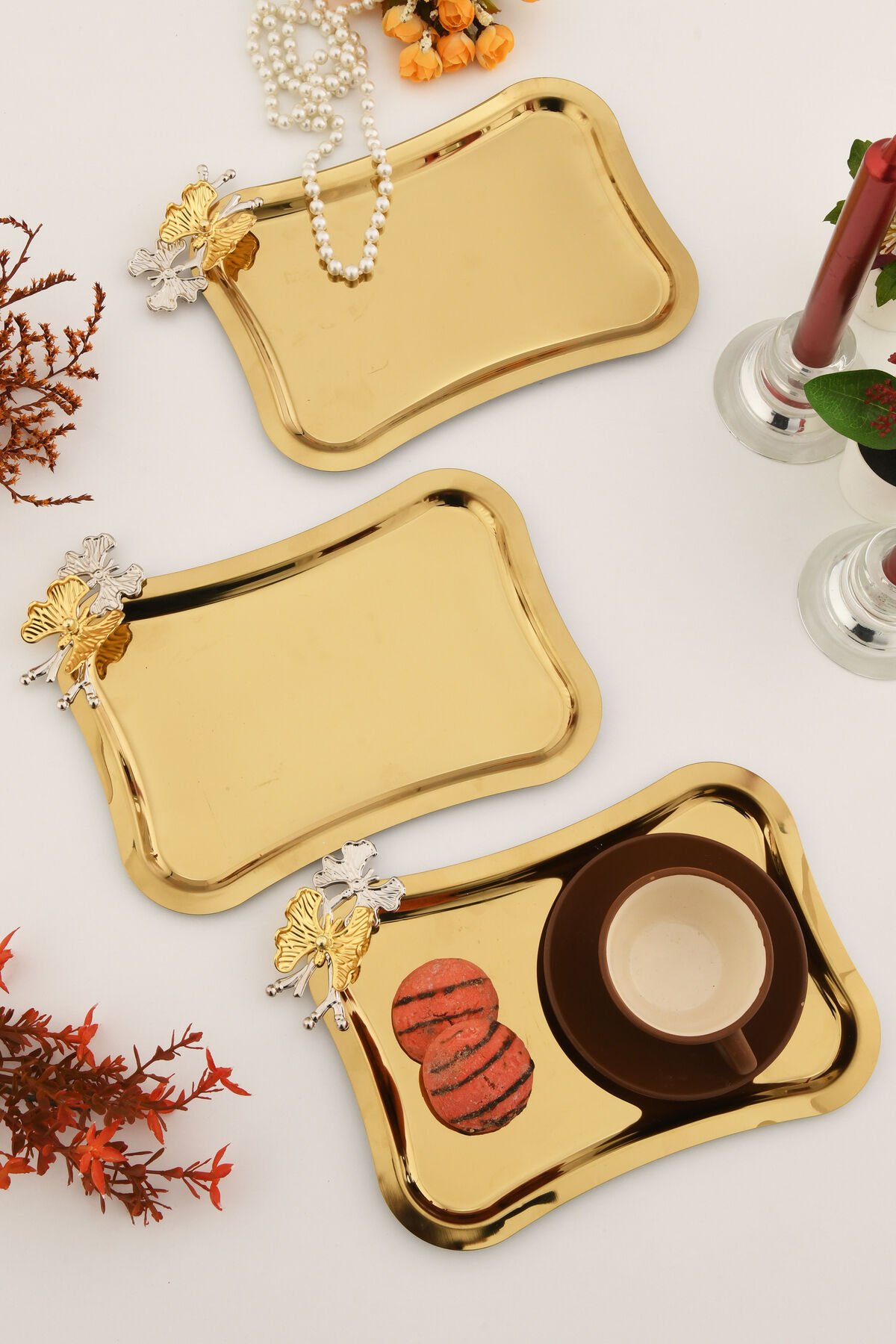 Naldo italyan model kelebek detaylı 3 Adet sunum tepsisi gold