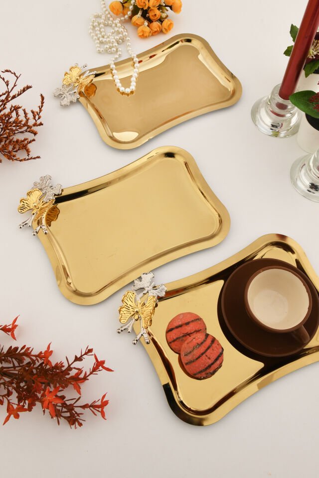 Naldo italyan model kelebek detaylı 3 Adet sunum tepsisi gold