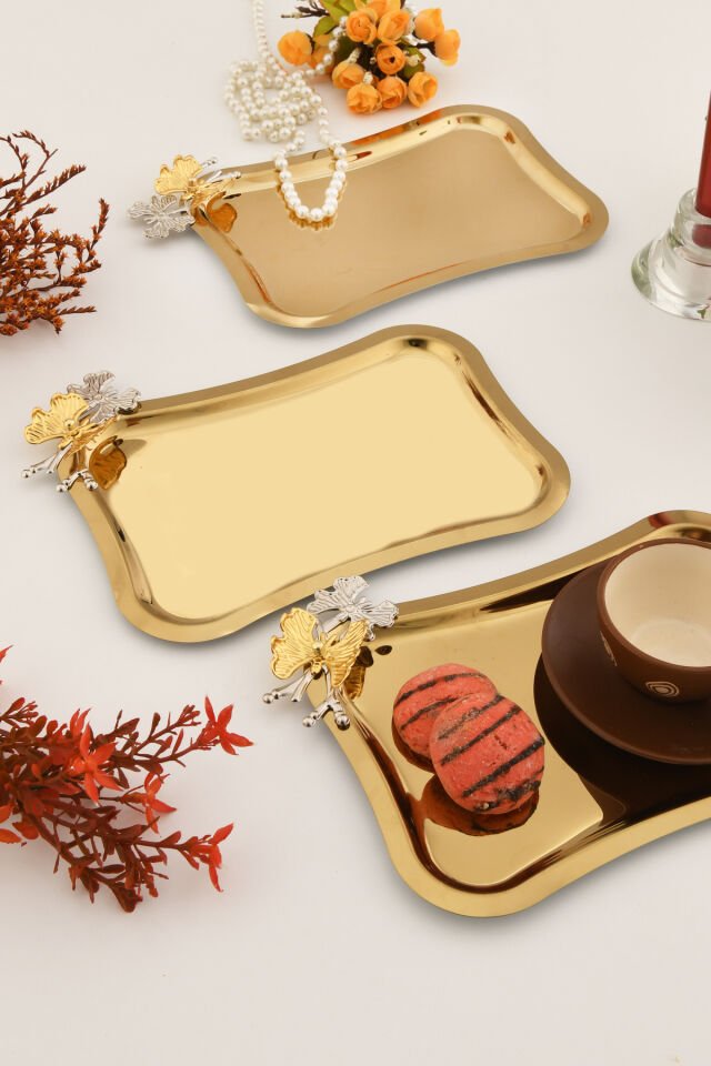 Naldo italyan model kelebek detaylı 3 Adet sunum tepsisi gold