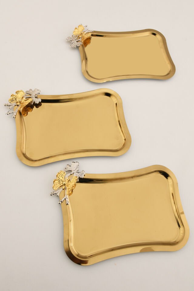 Naldo italyan model kelebek detaylı 3 Adet sunum tepsisi gold