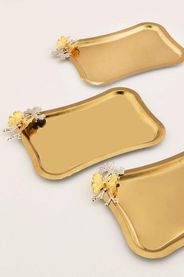 Naldo italyan model kelebek detaylı 3 Adet sunum tepsisi gold