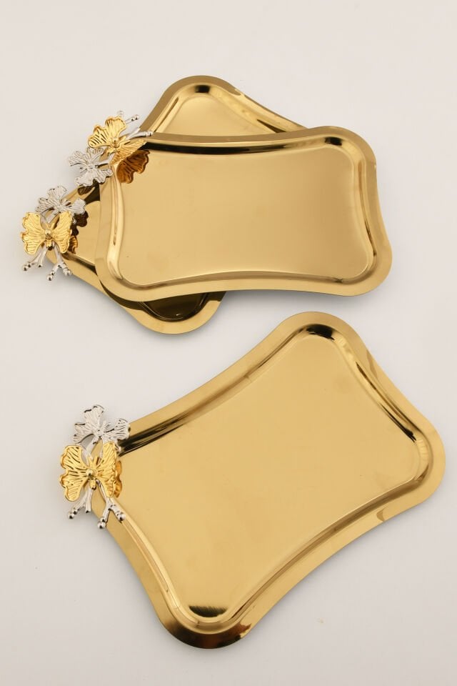 Naldo italyan model kelebek detaylı 3 Adet sunum tepsisi gold