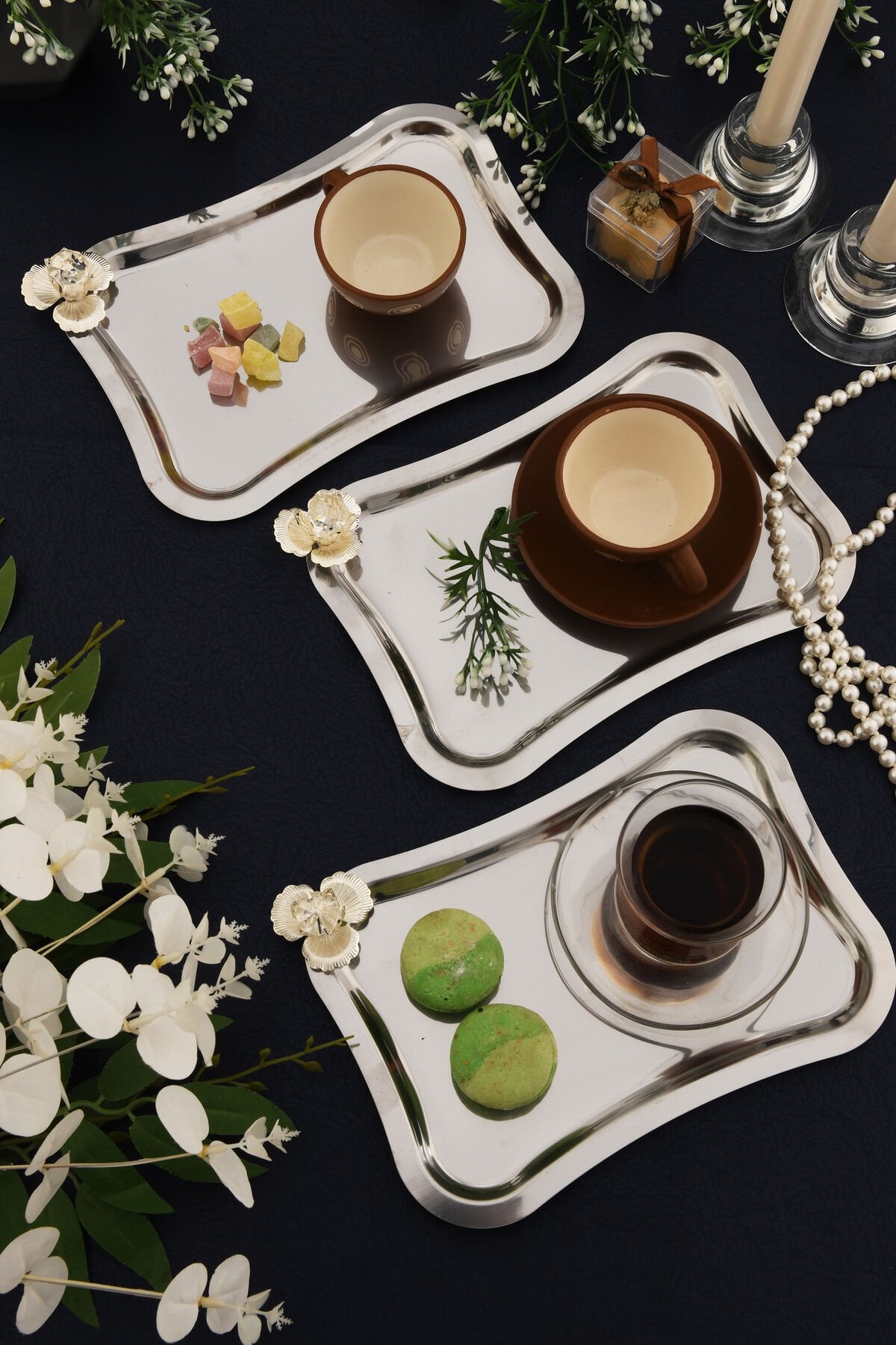 Naldo italyan model gümüş taş detaylı 3 Adet sunum tepsisi