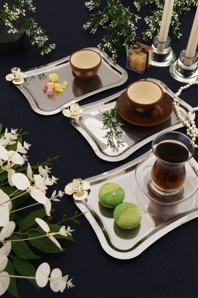 Naldo italyan model gümüş taş detaylı 3 Adet sunum tepsisi