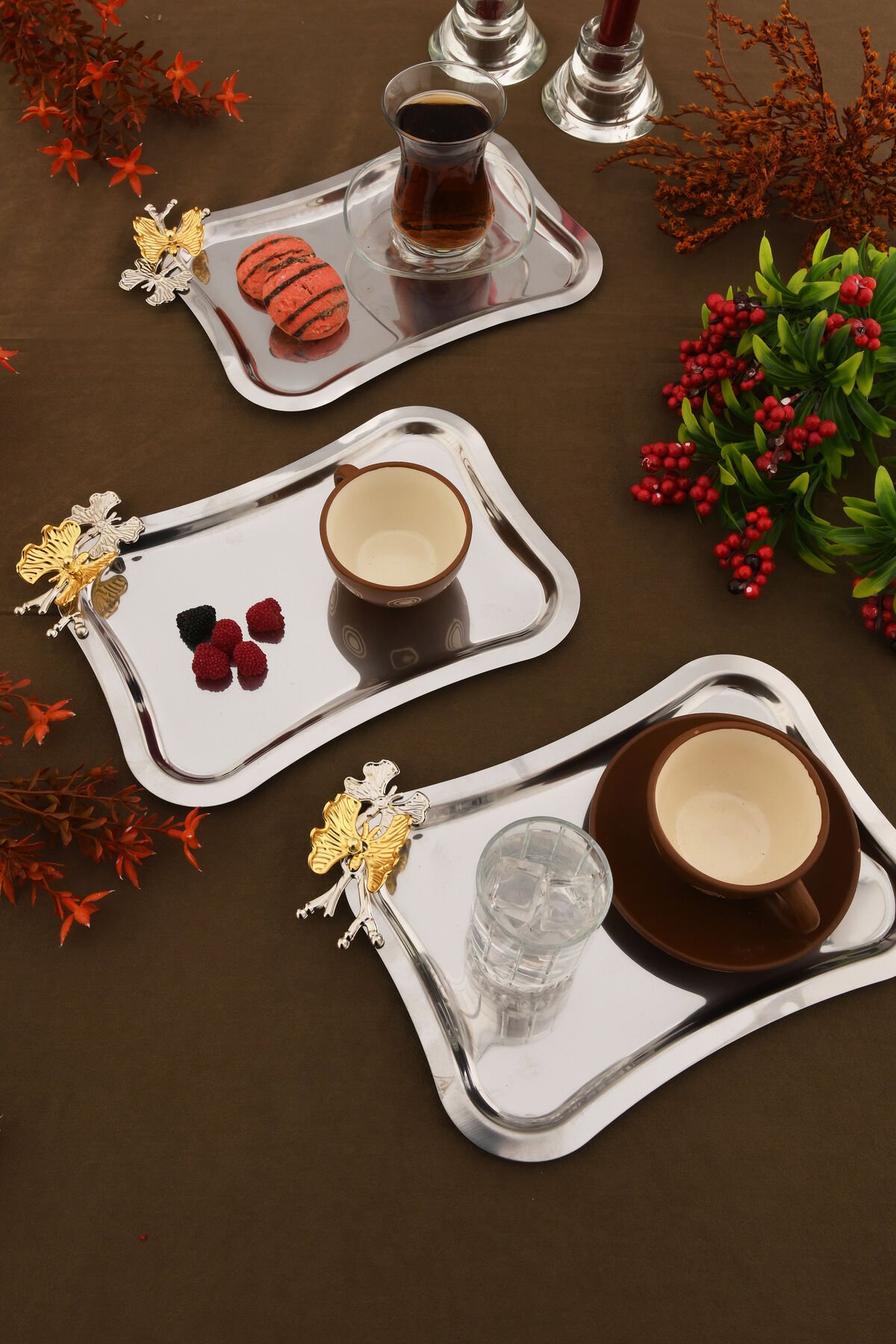 Naldo italyan model kelebekli detaylı 3 Adet sunum tepsisi gümüş