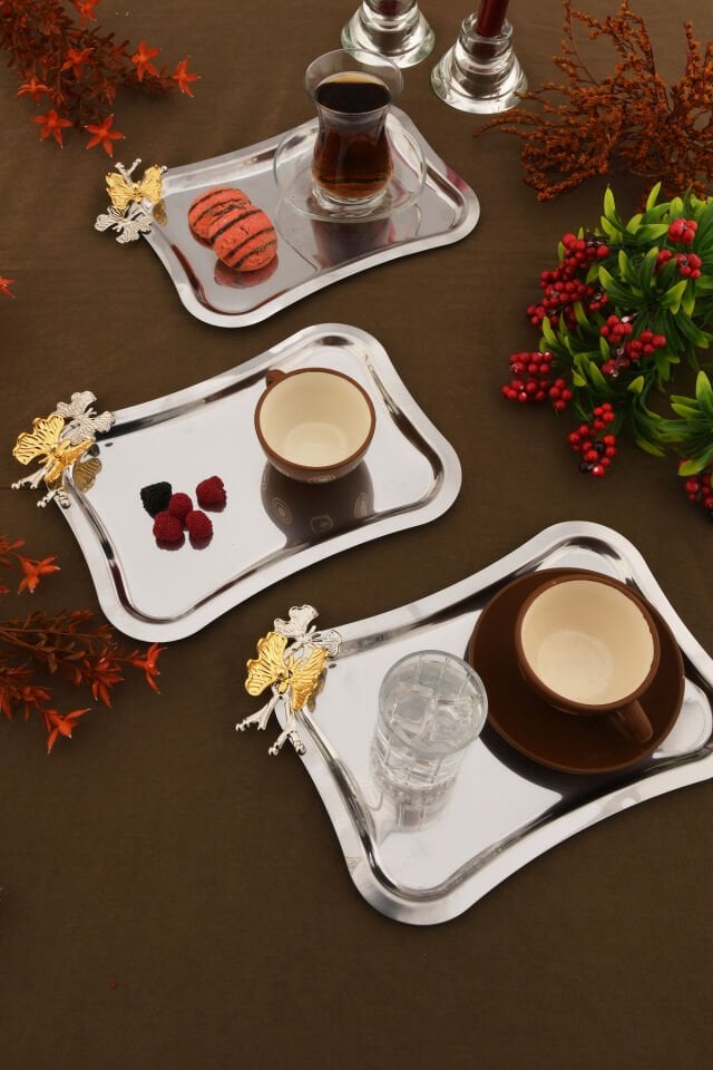 Naldo italyan model kelebekli detaylı 3 Adet sunum tepsisi gümüş